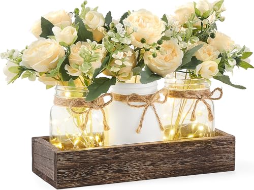 Mkono Mason Jar Lights Centerpiece Table Decor for Dining Room Farmhouse Wood Tray with 3 Jars Flowers Valentines Day Deco...