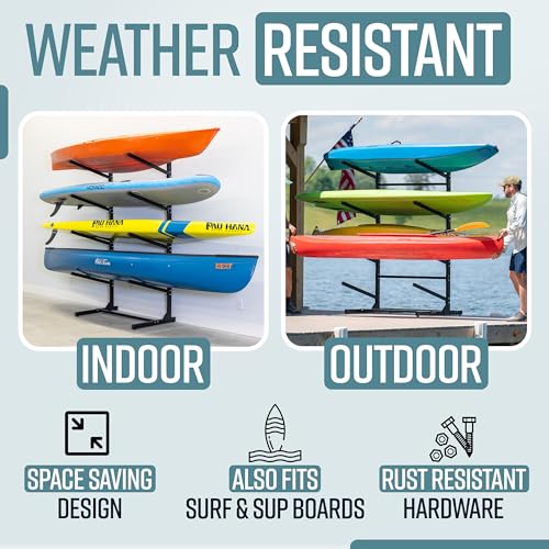 Teal Triangle Freestanding Kayak Storage Rack – 4 Kayak Rack & Canoe Rack – Indoor Outdoor Kayak – Adjustable Surfboard & ...