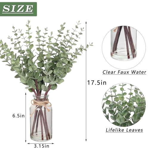 VIERENA 17.5" Artificial Eucalyptus Stems in Glass Vase with Faux Water,Fake Plant Eucalyptus Leaves White Seeds for Cente...