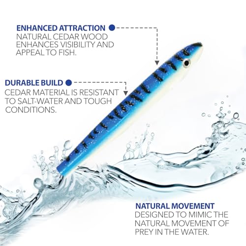 6" Cedar Plug Lures, 6 Pcs Blue/White Unrigged, for Offshore Trolling, Includes Saltwater Lure Bag, Ideal for Tuna Fishing