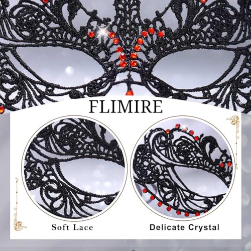 Flimire Masquerade Mask for Women Black Rhinestone Lace Mask Mardi Gras Costume Party Eye Mask