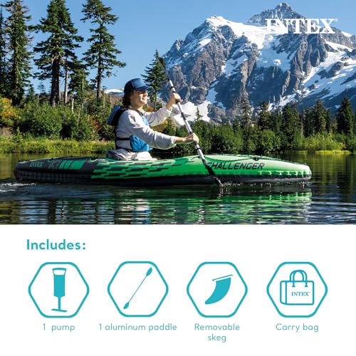 Intex Challenger K1 1 Person Durable Vinyl Streamline Sporty Kayak with Inflatable Seat and Backrest, Oar, Pump, Carrying ...