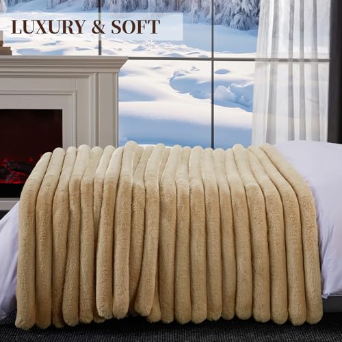 HaloRest Faux Fur Throw Blanket, Thick 1000GSM Fluffy Cozy Throw Blankets for Bed, Luxury Plush Striped Warm Soft Blanket ...
