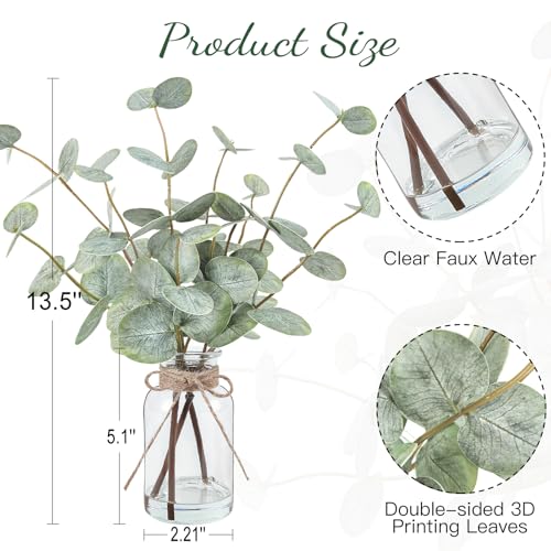 Bessol Artificial Eucalyptus Stems in Glass Vase with Faux Water, 13.5” Fake Plants for Home Decor, Coffee Table Centerpie...
