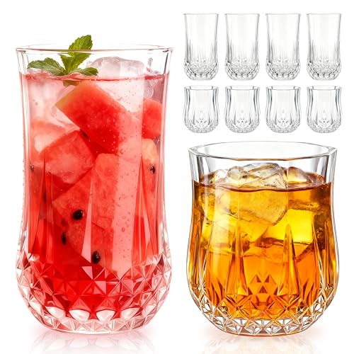 Ruckae Drinking Glasses Set of 8,11 oz and 7 oz Kitchen Water Glass Cups Set,Clear Curvature Glassware Dishwasher Safe,Mix...