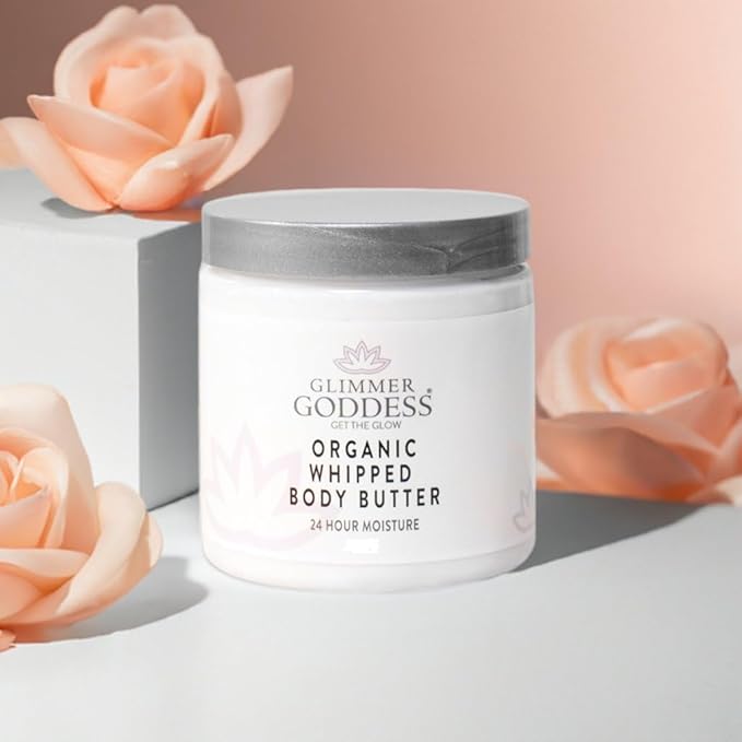 Glimmer Goddess Organic Whipped Body Butter for Women - Moisturizer Cream with Shea & Cocoa Butter, Almonds & Coconut Oil - Lavender, 8oz