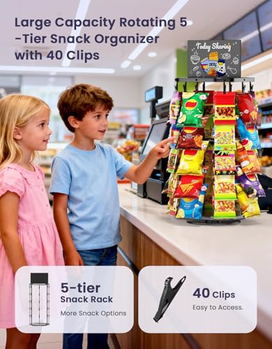 Chip Rack Display Stand with Heavy-Duty 360° Smooth-Rotating Metal Base, 5 Tiers 40 Clips Chip Bag Holder Display, Candy S...