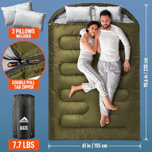 MEREZA Double Sleeping Bag for Adults Mens with Pillow, XL Queen Size Two Person Sleeping Bag for All Season Camping Hikin...