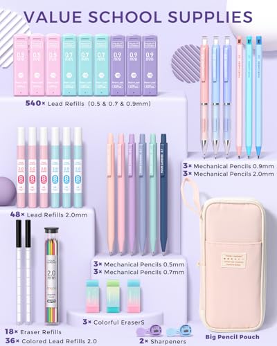 Four Candies 36PCS Aesthetic School Supplies, Mechanical Pencils 0.5mm, 0.7mm, 0.9mm & 2.0mm with 624PCS Lead Refills, Cut...