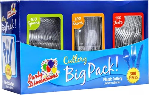 Party Dimensions 300 Count Plastic Cutlery Combo Box, Disposable Clear Plastic Silverware Utensils Set, 100 Forks, 100 spo...
