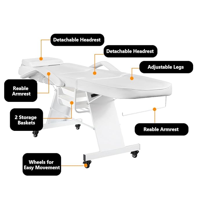 Facial Chair with Wheels Tattoo Chair 73inch Adjustable Tattoo Bed for Client Massage Table with Stool Massage Table Facial Bed for Spa Beauty Esthetician White
