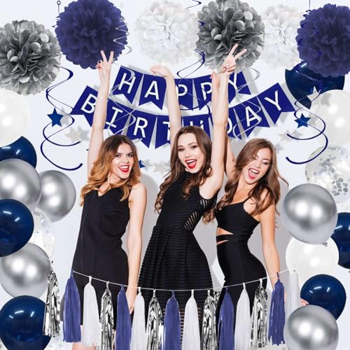 Blue Birthday Party Decorations for Men - Navy Blue and Silver Balloons with Happy Birthday Banner, Tissue Pompoms, Hangin...
