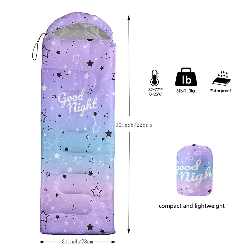 Datura home Kids Sleeping Bag for Boys,Lightcolor Purple Star-Lightweight Warm Outdoor Indoor-Waterproof Cold Weather Resi...