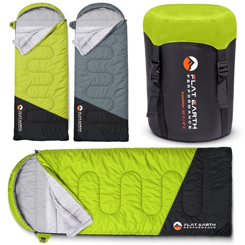 Flat Earth Performance Expedition Sleeping Bag with Compression Sack – 32°F/0°C for Teens/Adults Up to 6'2", Lightweight, ...