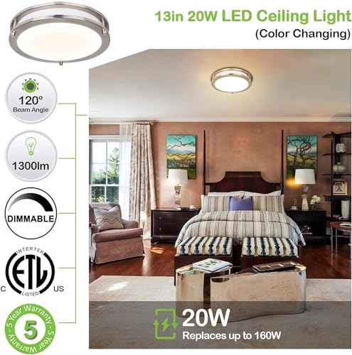 13 inch Flush Mount LED Ceiling Light Fixture, 2700K/3000K/3500K/4000K/5000K Adjustable Ceiling Lights, Brushed Nickel Sat...