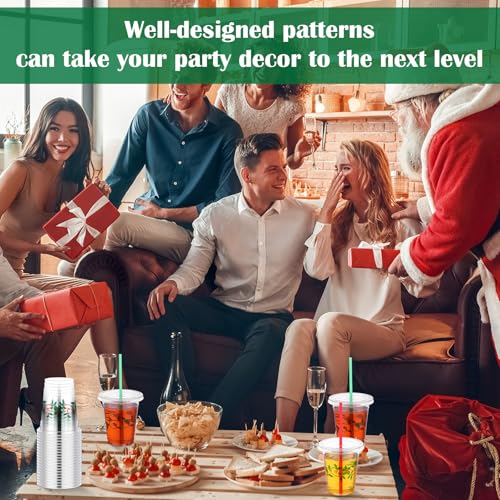 Blushtier 100 Pcs Christmas Plastic Cups Disposable with Lids and Straws 12 oz Christmas Holly Party Cups Clear Drinking C...
