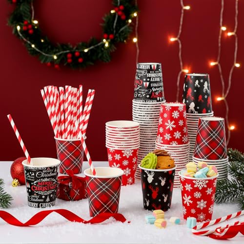 FoldTier 120 Set 9 oz Christmas Hot Cocoa Paper Cups Bulk Disposable Paper Coffee Tea Cups with Straws Christmas Hot Choco...