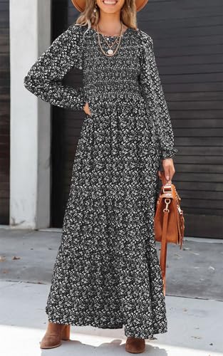 PRETTYGARDEN Women's Spring Dresses 2026 Long Sleeve Flowy Casual Floral Maxi Dress Crew Neck Smocked Tiered Long Dress