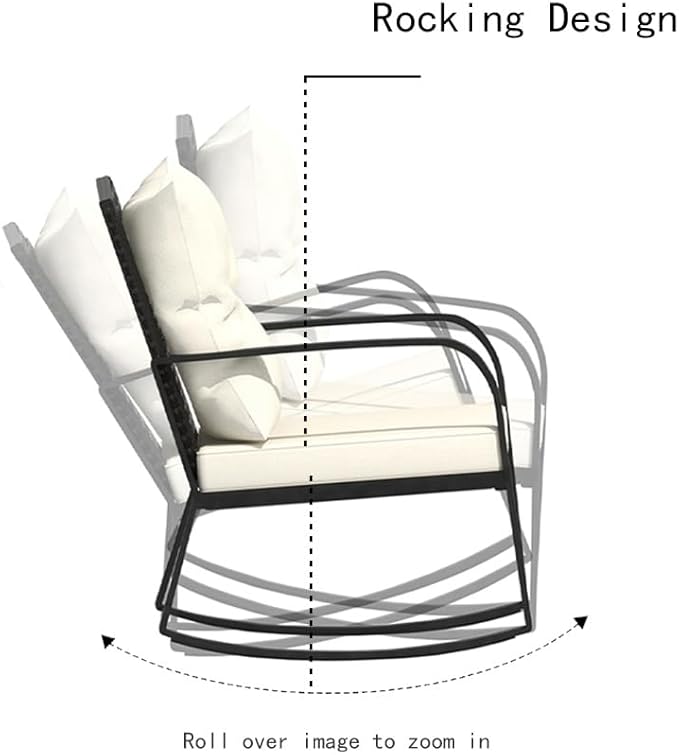 HLNPTN 3 Pieces Patio Furniture Set, Rocking Chairs Wicker Outdoor Bistro Set Armchair Patio Furniture Conversation Sets with Tempered Glass Top Coffee Table & Cushions, Off White