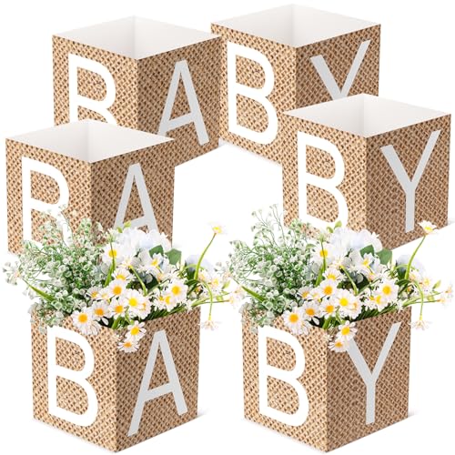Noveread 6 Pcs Burlap Print Baby Shower Party Decorations Baby Flower Boxes Centerpiece Rustic Burlap Table Display with L...