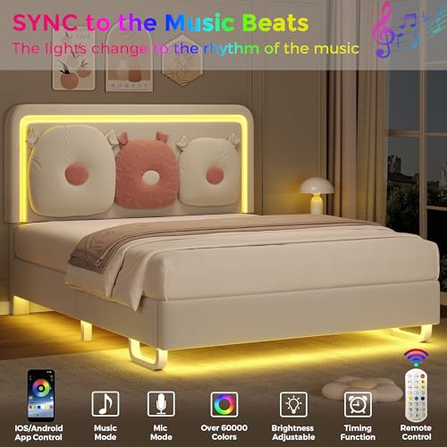 Full Bed Frame with Boucle Upholstered Headboard, Girls Bed, Solid Wood Slats Support, Fully Upholstered Mattress Foundation/No Box Spring Needed/Easy Assembly, White Full Size Bed Frame