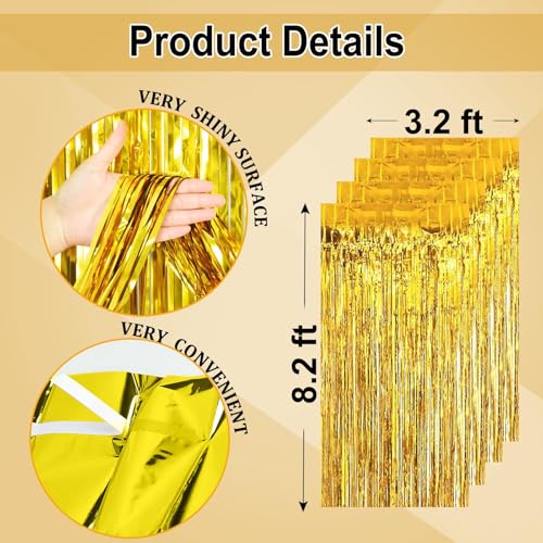 Gold Streamers Backdrop Curtains - 4 Pack of 3.2x8.2ft Gold Foil Fringe Curtain for Birthday Party Decorations