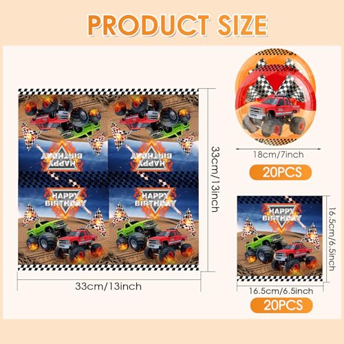 40PCS Monster Truck Party Supplies Decorations Birthday Paper Plates and Napkins Car Themed Party Decorations Disposable D...