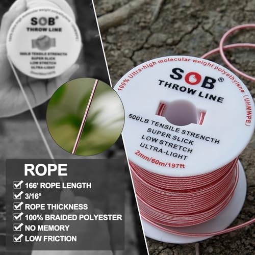 SOB Arborist Throw Line Kit with Slick Rope 197FT, Throw Weight, Reflective Storage Bag, Suit for Tree Cutting,Camping, Tr...