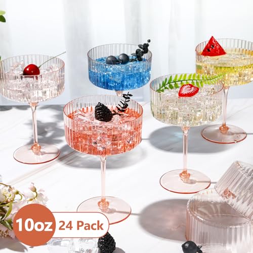 Jingmore 24 Pcs Ribbed Martini Glasses 10 oz Disposable Plastic Vintage Ribbed Coupe Glasses Cocktail Unbreakable Dessert ...