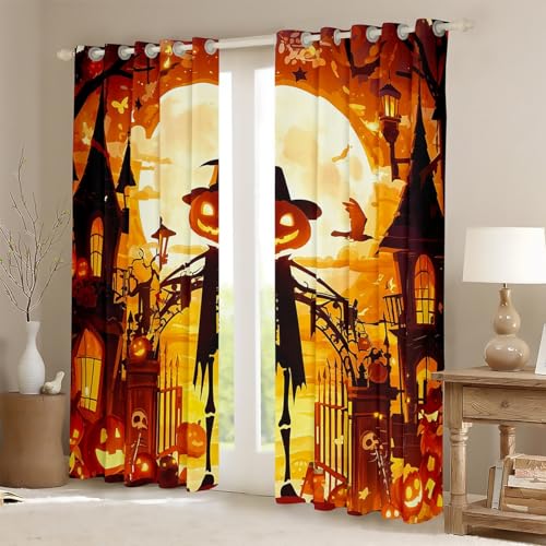 Trippy Moon Starry Sky Window Curtain,Sugar Skull Bat Ghost Curtains Halloween Theme Window Treatment Curtain Kids Boys Teens Room Decor,Pumpkin Lantern Gothic Style Window Drapes,2 Panels,38Wx54L