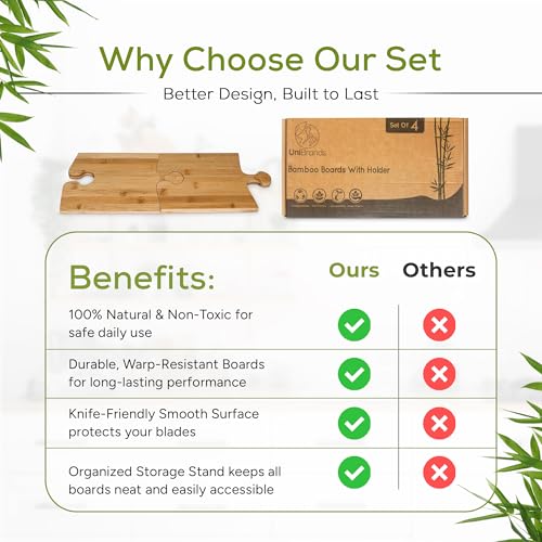UniBrands 4pcs Bamboo Boards Set with Stand, charcuterie, serving, platters.