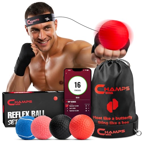 Champs MMA Boxing Reflex Ball Set with Punch Counter App | 4 Balls with Varying Weights, Headband & 4 Spare Strings to Imp...