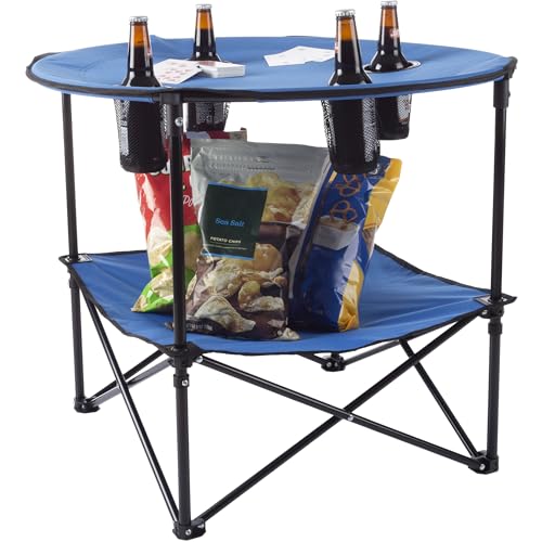 Wakeman Camp Table - Round 2-Tier Folding Table with 4 Cupholders and Carrying Bag - for Camping, Beach, Picnic, Sporting ...