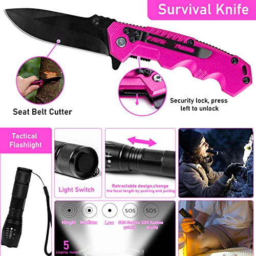 ThinkLearn Pink Survival Kits with First Aid Kit, Hiking Camping Gear and Equipment for Women, Professional Bug Out Bag Su...