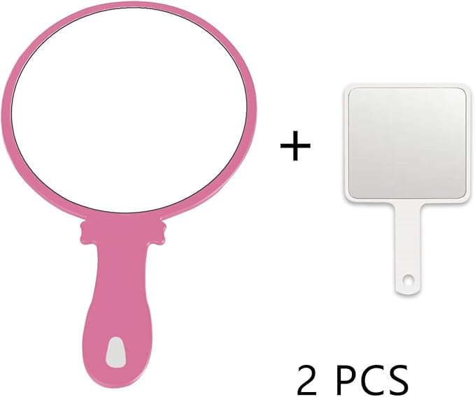 Hand Mirror 2 Pcs, Portable Hand Mirrors with Handle, See Back of Head Haircut Personal Handheld Mirror, Travel Small Makeup Lash Mirror, Mirrors for Women (Pink, 5.91" L x 9.84" W (Round))