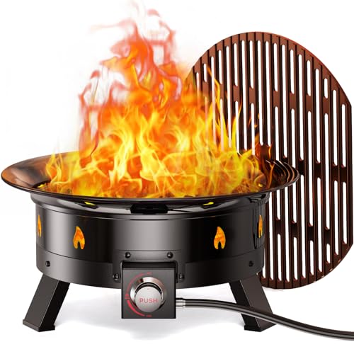 Ciays Propane Fire Pit 19 Inch, Gas Portable Large Fire Pit with Grill Grate, Folding Legs, Hose Hooks, Propane Tank Holde...