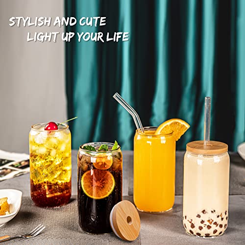 SENTVEND 16 Oz Drinking Glasses with Bamboo Lids and Glass Straw - 8 Pcs Glass Cups Beer Ice Coffee Glasses Cute Aesthetic...