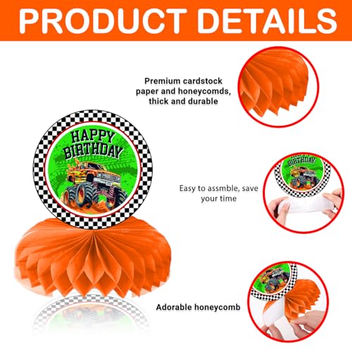 9PCS Monster Truck Honeycomb Centerpieces Themed Birthday Party Decorations Centerpiece Table Decoration Party Favors Deco...