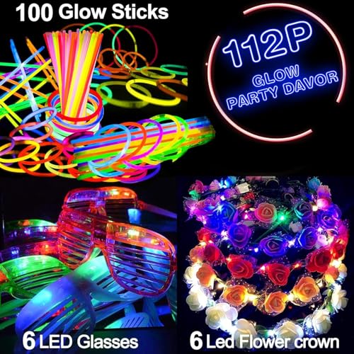 112 Pcs Glow in The Dark Party Supplies Glow Sticks Bulk LED Neon Party Favor Light Up Toys Gifts Kids Adult 100 Glow Stic...