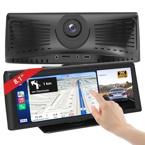 8.1" Wireless Carplay Screen for Car with 2K DVR & 1080P Backup Camera, Portable Touchscreen Car Stereo with Carplay & And...