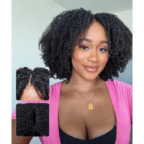 QUEEN VIRGIN REMY QVR Lace V-Part Wig Human Hair Kinky Curly No Leave Out V Shape Full Head Clip In Half Wig with Drawstring Natural Black Curly U Part Human Hair Wig for Black Women 14 Inch