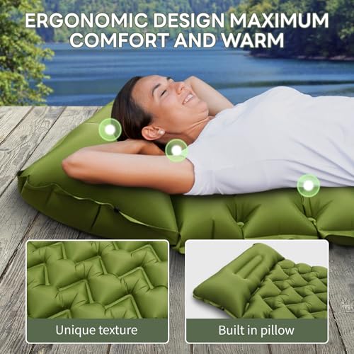 Kdti Camping Sleeping Pad with Pillow, Built-in Foot Pump Inflatable Sleeping Pad, Ultralight Air Mattress, Durable Waterp...