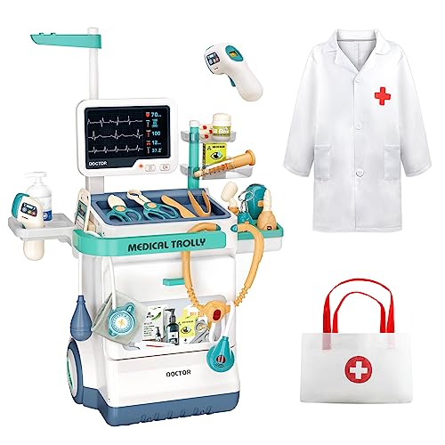 Jovow Doctor Kit for Kids, Pretend Medical Station Set for Boys & Girls,Pretend Medical Kit Toy, Mobile Cart with Sound an...