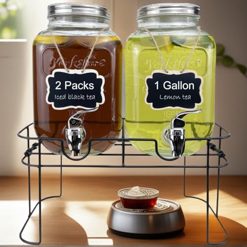 1 Gallon Glass Drink Dispenser for Parties, 2 Packs Juice Lemonade Ice Tea Water Dispenser with Stand, HENABLE Beverage Di...