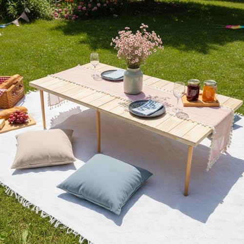 Hahafelt 2 Set Low Picnic Table, Foldable Boho Picnic Table with Extra Large Outdoor Camping Blanket Portable Boho Wood BB...