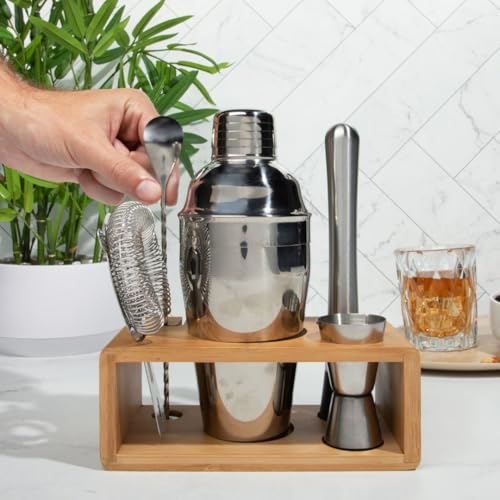 Premium Cocktail Shaker Set with Bamboo Stand, 4-Piece Bar Tools Kit, Stainless Steel Bartender Set with Shaker, Jigger, M...