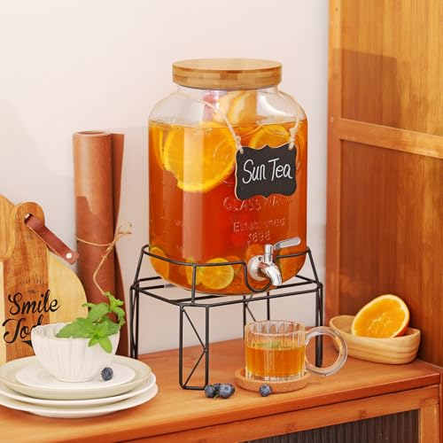2 Gallon Drink Dispensers with Stand, Glass Beverage Dispenser with Stainless Steel Spigot and Bamboo Lid,Lemonade Dispens...