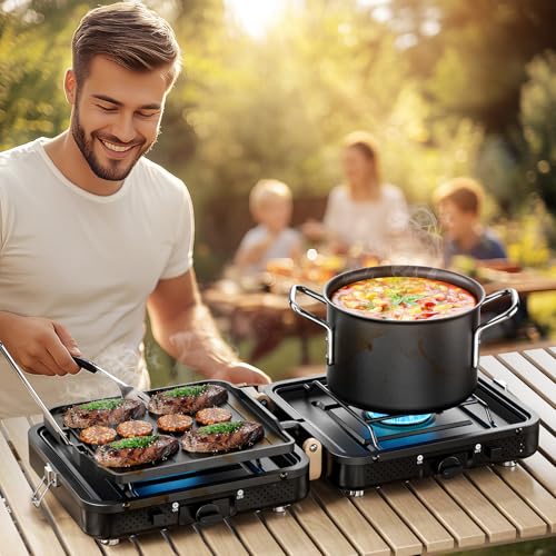 AFFLUENT 2 Burner Propane Camping Stove with Grill and Storage Bag- A Must - Have Camp Stove Propane! Foldable, Featuring ...