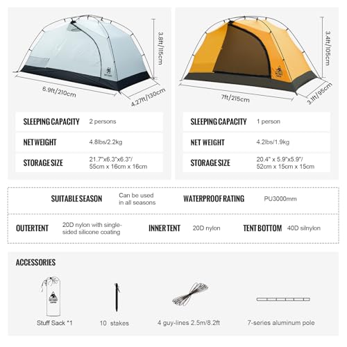 OneTigris Stella 4 Season Camping Tent Backpacking 2 Person Waterproof Lightweight Easy Setup Instant 3000mm Waterproof Ra...