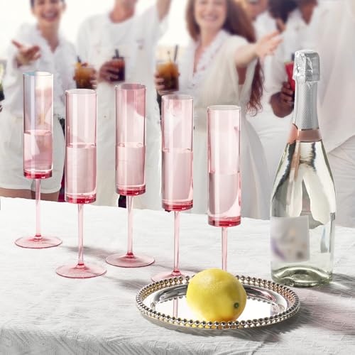 6 Pieces Acrylic Pink Champagne Flutes 5.4 OZ Square Champagne Glasses Stemmed Coupes Reusable Wedding Toasting Glasses Ro...